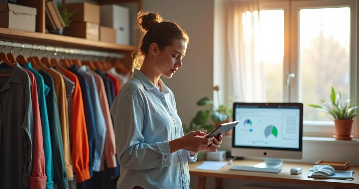 Empresário usando tablet para gerenciar loja virtual de roupas