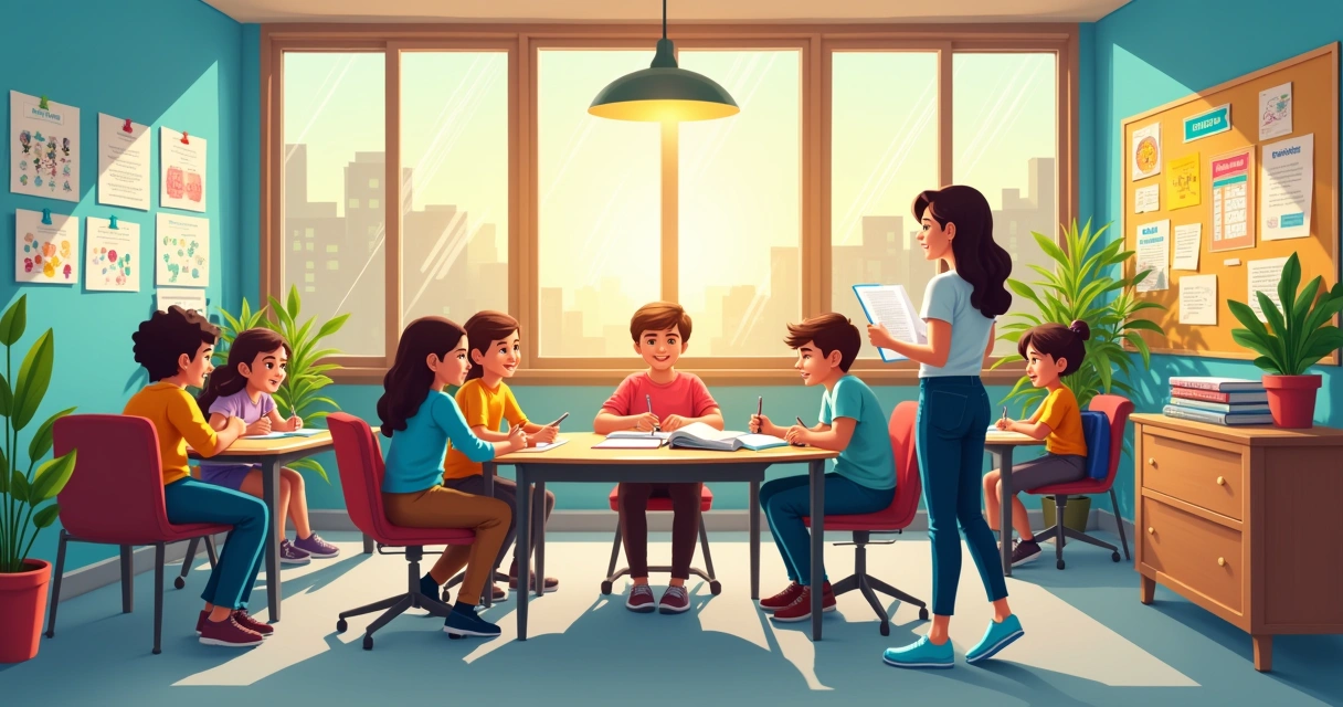 Uma sala de aula vibrante com alunos motivados, professor guiando, pôsteres educativos e elementos administrativos.