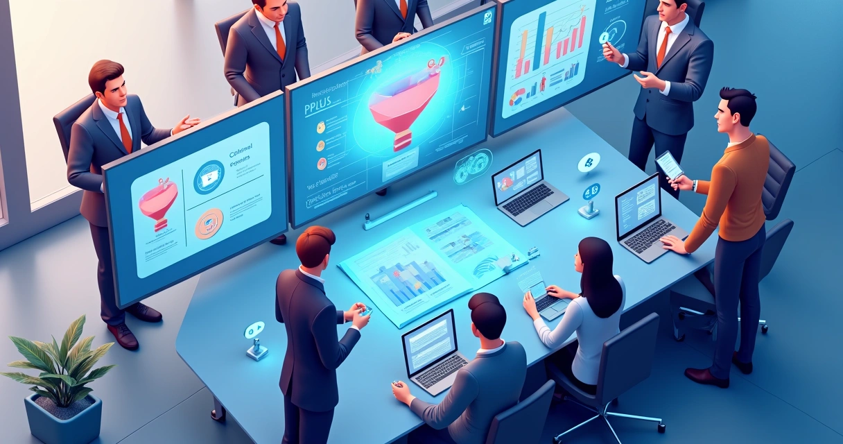 Planejamento de canais em 2026: estratégias dos líderes Gestão de ecossistema de canais com painéis digitais, gráficos e equipe reunida