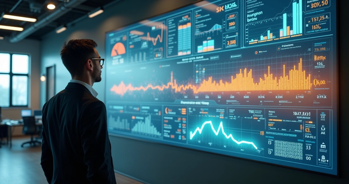 Gestor observa gráficos de desempenho em tela, ao fundo setores de educação, indústria e agronegócio integrados por tecnologia 