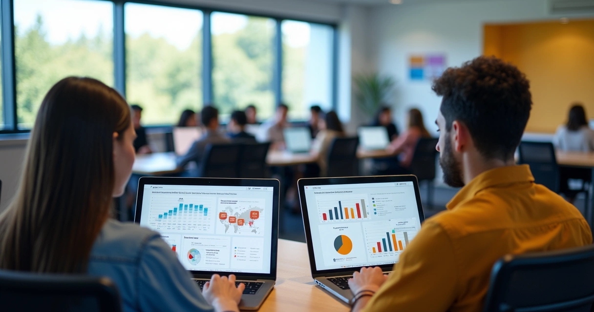 Tela de computador exibindo software CRM educacional em ambiente de faculdade moderna com jovens gestores analisando dados 