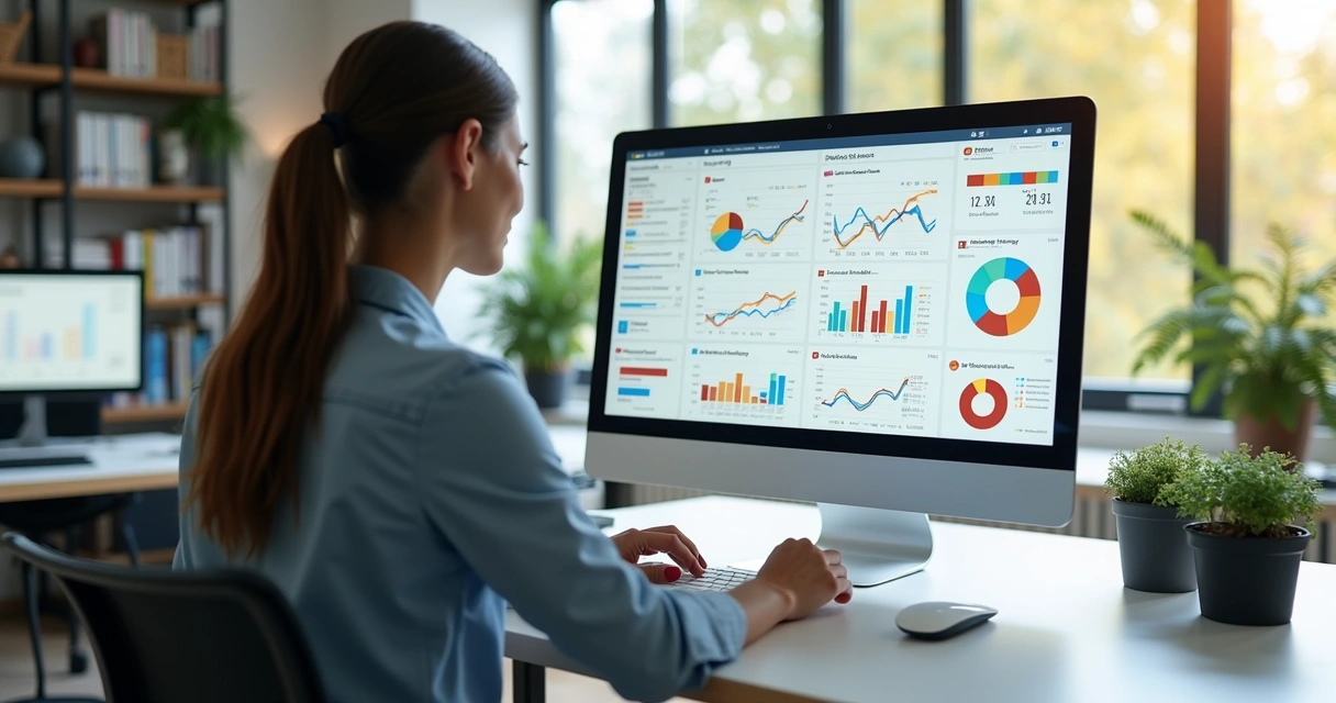 Gestor educacional usando computador com painel digital de dados e gráficos de desempenho escolar 