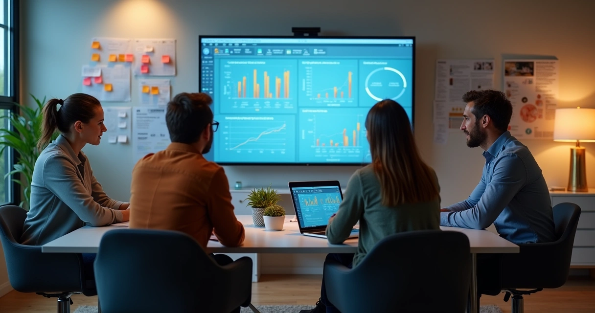 Reunião de equipe analisando indicadores de desempenho 