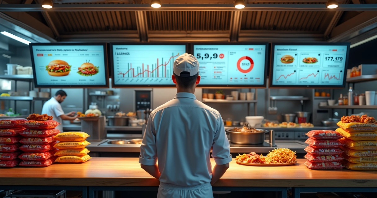 Cozinha profissional com chef gerenciando várias telas de monitoramento e delivery em restaurante multimarcas 