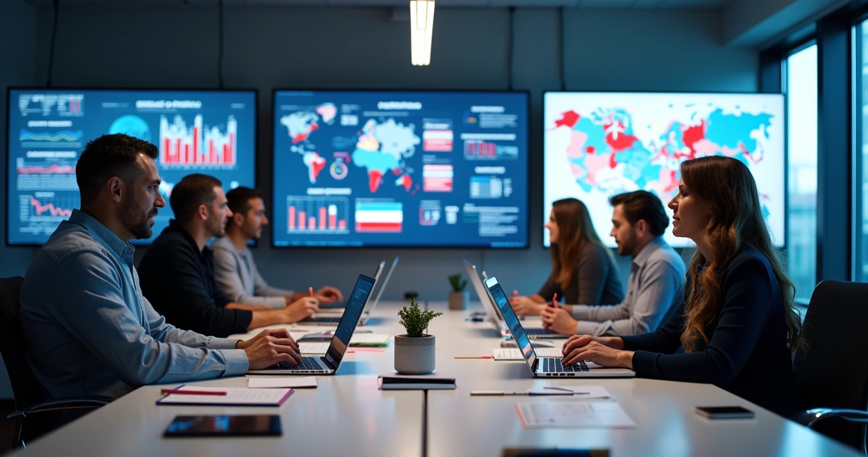 Equipe política analisando dados eleitorais em computadores 