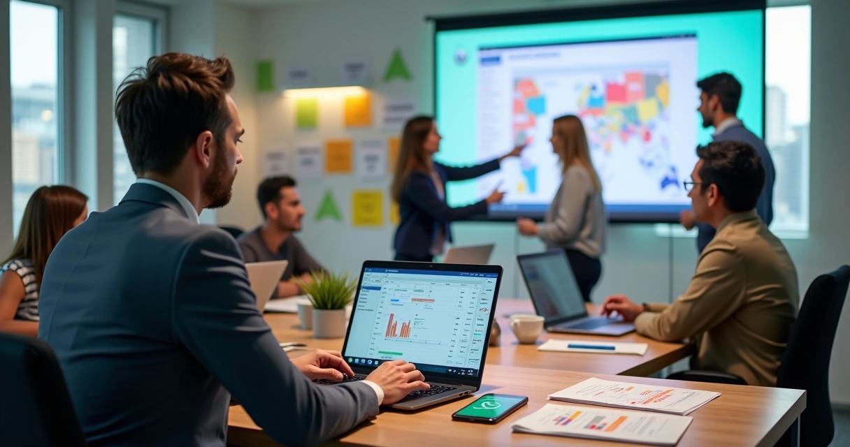 Político usando notebook para gerenciar base de eleitores com equipe ao fundo 