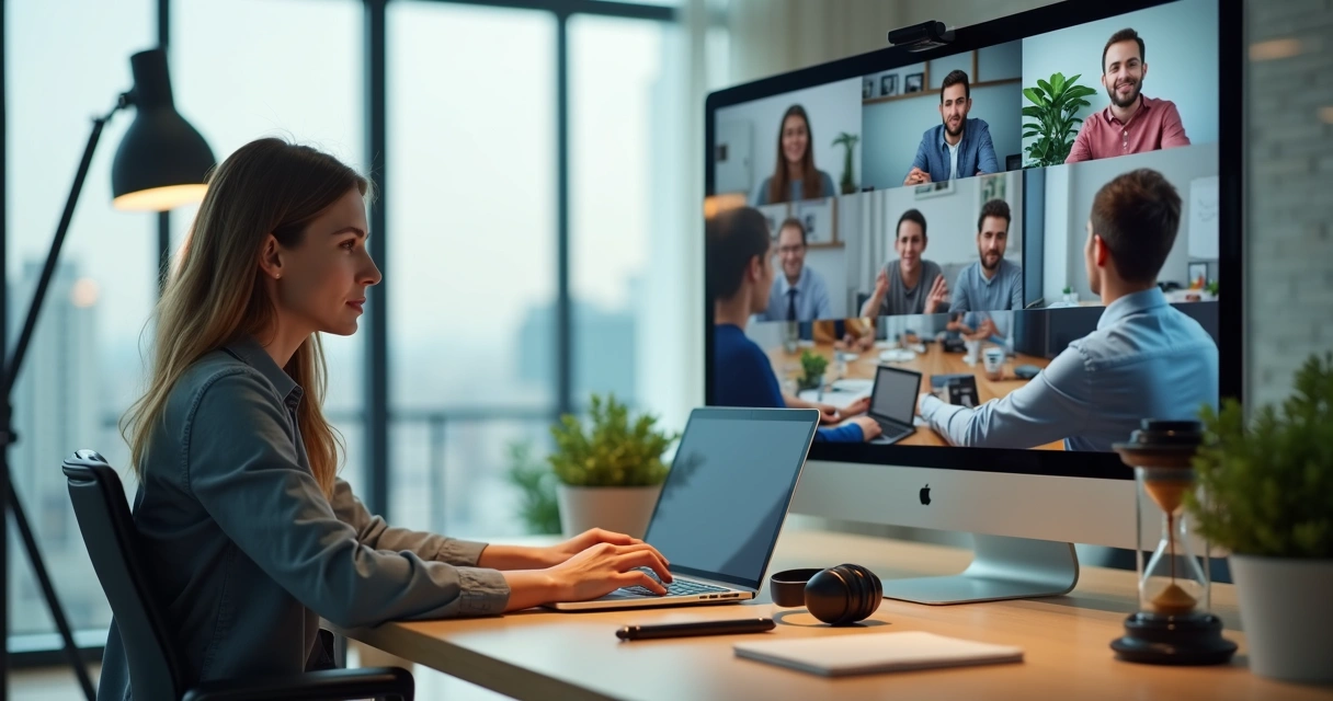 Profissional em reunião híbrida equilibrando trabalho remoto e presencial 