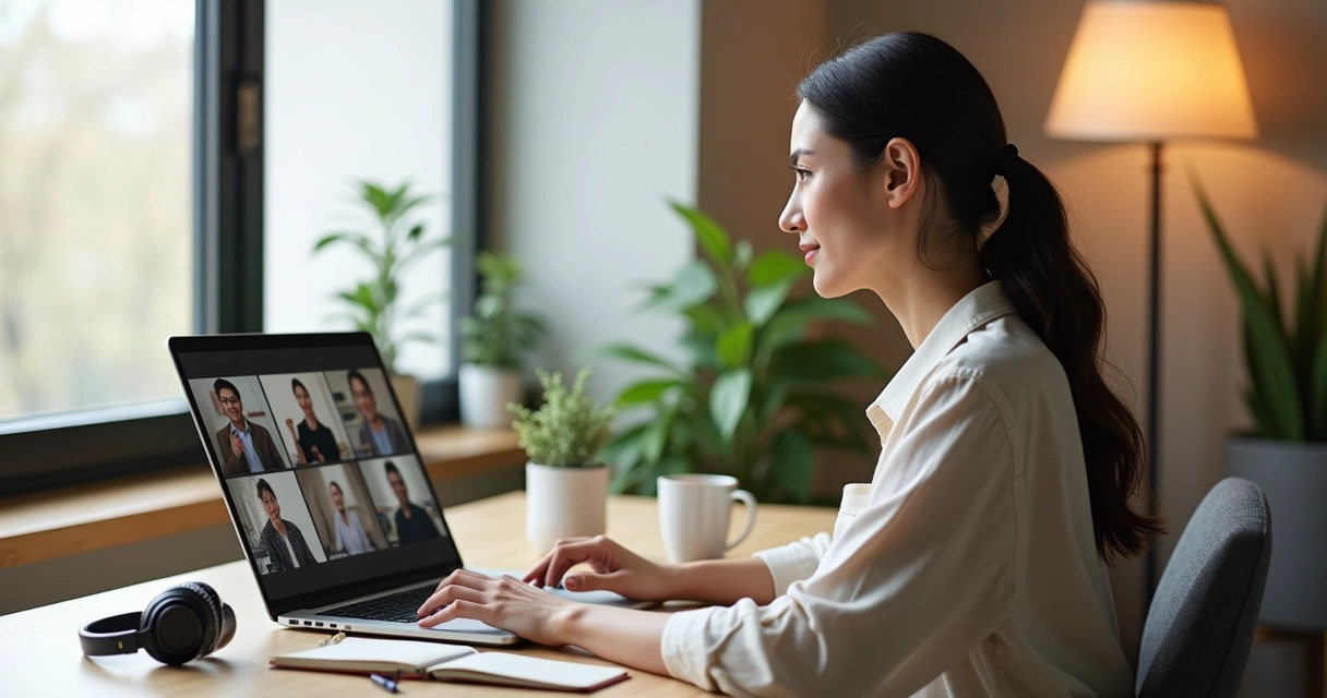 Profissional em videoconferência em escritório híbrido em clima calmo e organizado 
