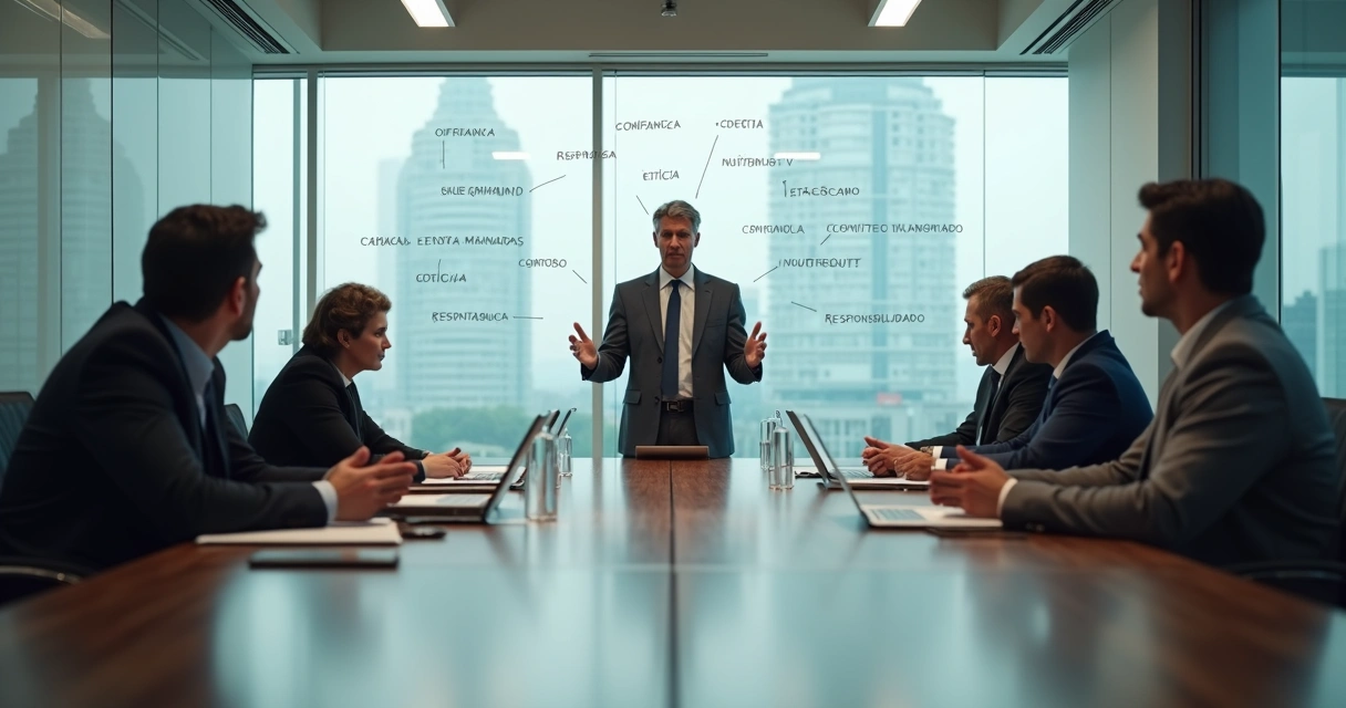 Reunião de líderes em sala corporativa com destaque para líder sereno mediando tensão 