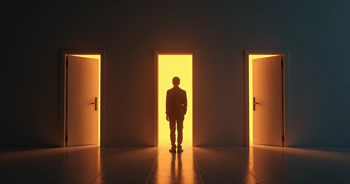 Pessoa em pé diante de três portas iluminadas, ambiente escuro e expressão pensativa. 
