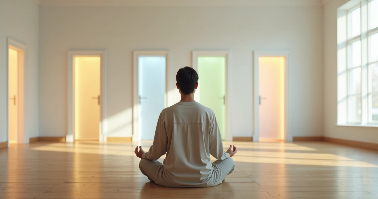 Pessoa sentada no chão em postura meditativa escolhendo entre várias portas iluminadas 