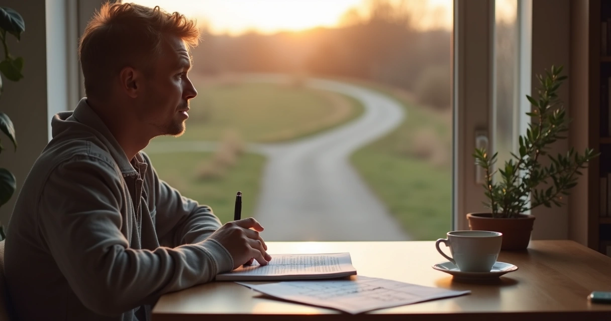 Pessoa refletindo diante de uma encruzilhada tomando decisão difícil com calma 