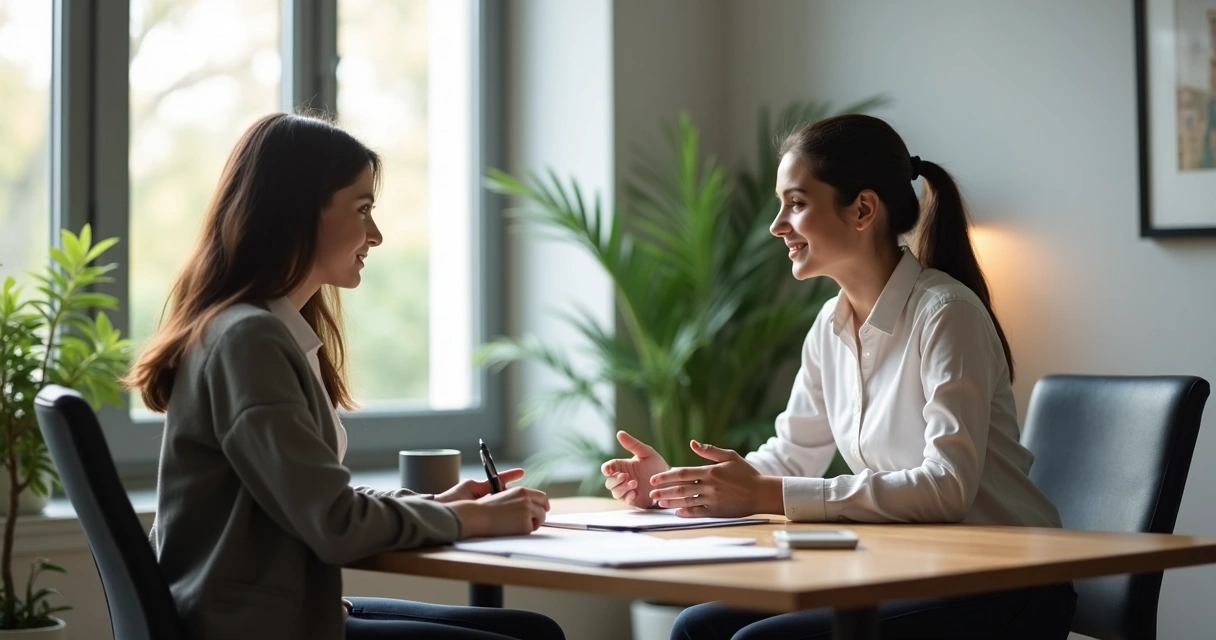 Profissional de RH conversando com colaborador em ambiente tranquilo de escritório 