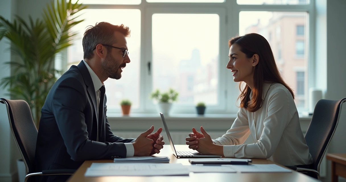 Duas pessoas em mesa de trabalho discutindo sobre emoções no escritório