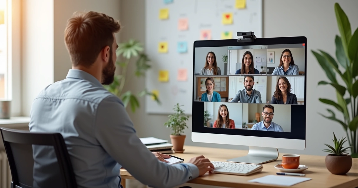 Gestor conduz reunião online com equipe remota diversa em clima de colaboração e calma 