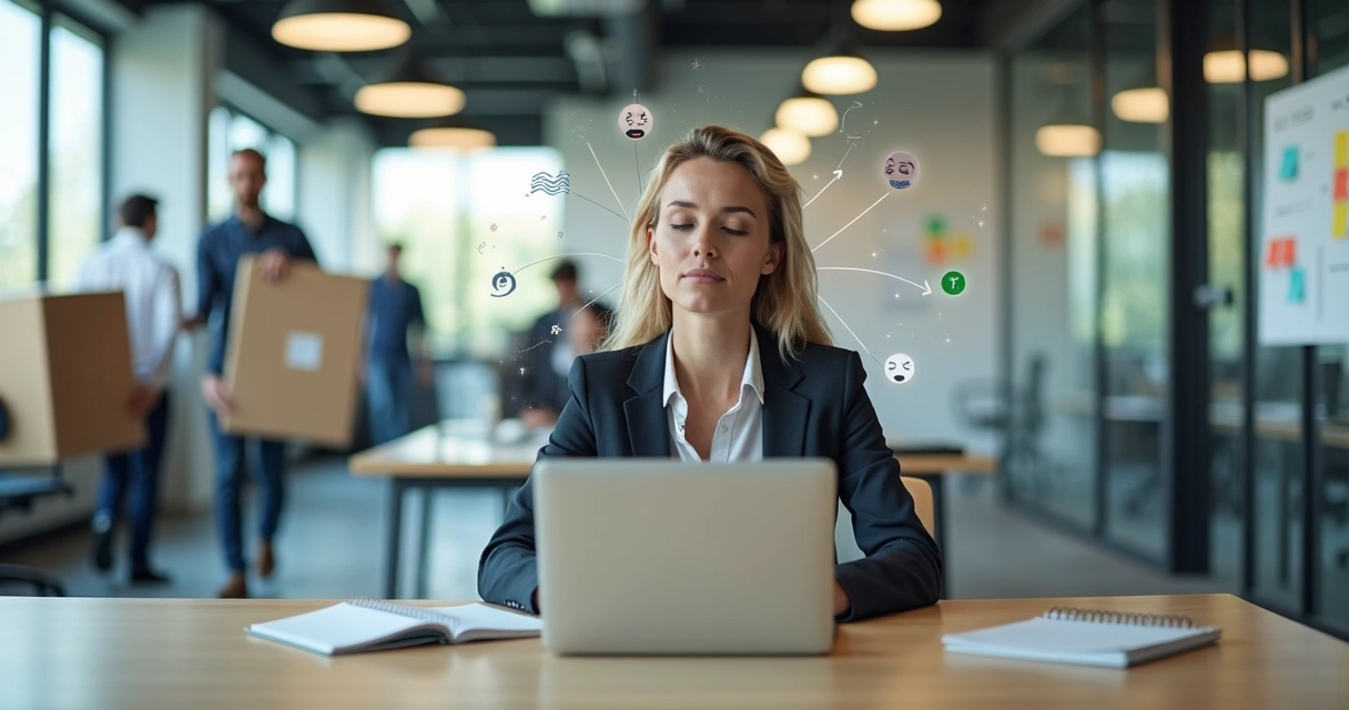 Profissional sentado em escritório aberto equilibrando emoções em meio a mudanças organizacionais 