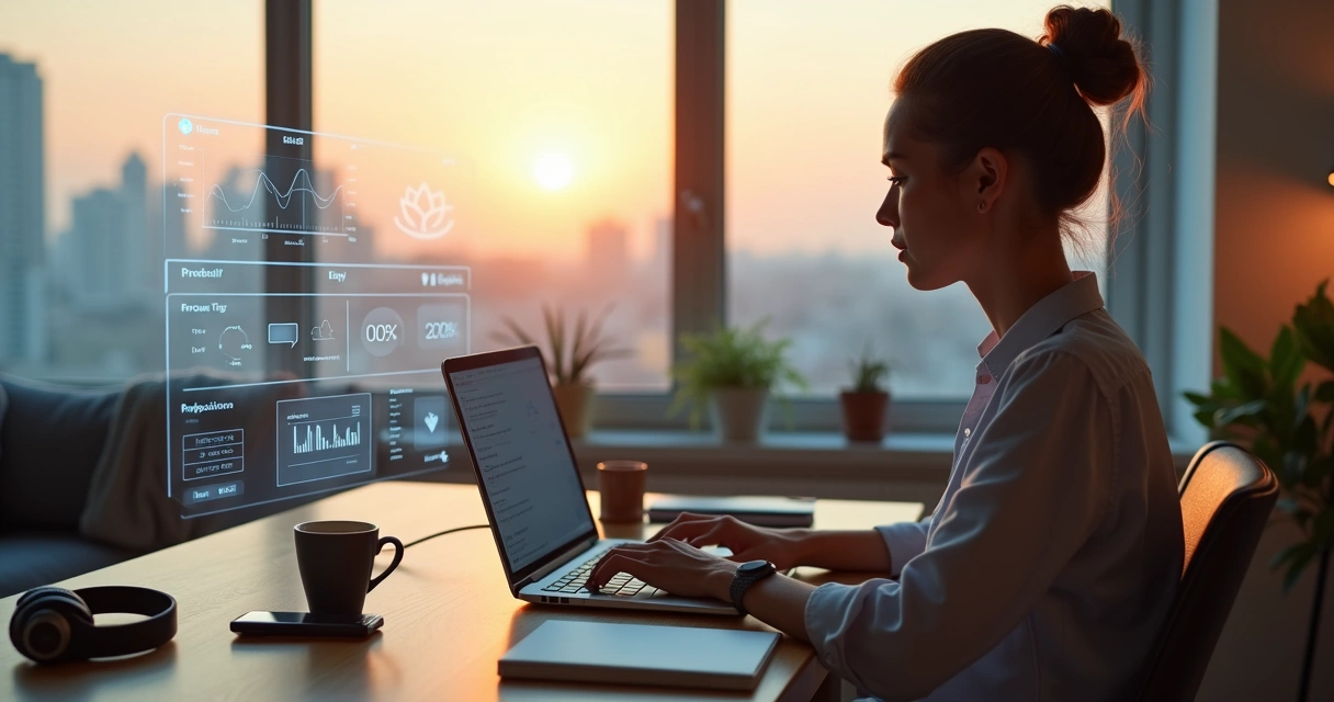 Profissional em home office equilibrando gráficos digitais e ícones de bem-estar ao redor da mesa 