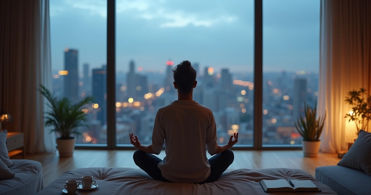 Pessoa meditando em frente à janela com cidade desfocada ao fundo representando incerteza 