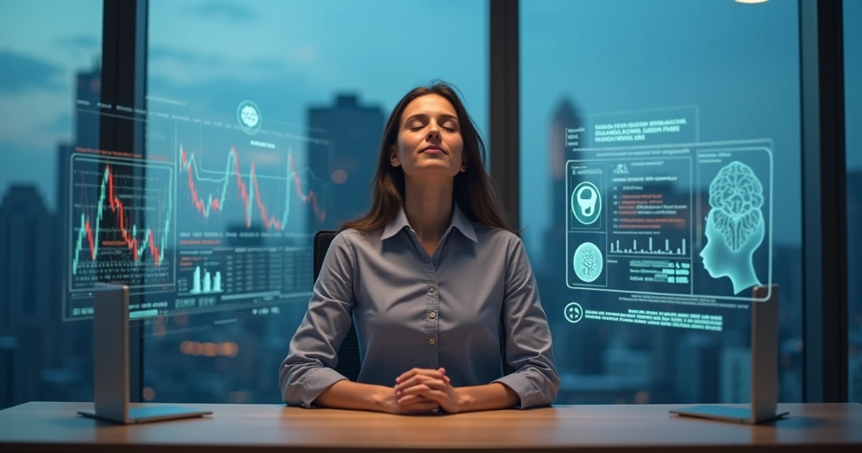 Executivo sentado à mesa equilibrando gráficos de mercado e foco interior 