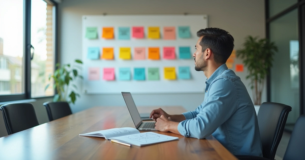 Pessoa refletindo diante de mural com emoções organizadas 