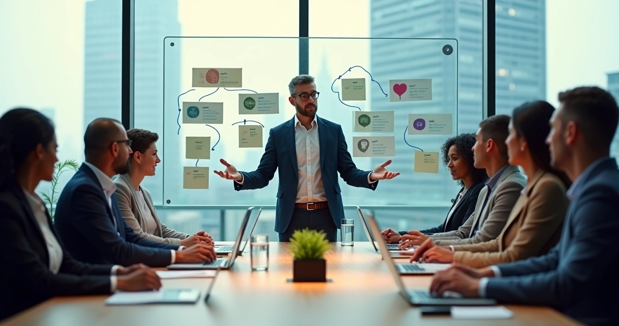 Líder em reunião guiando equipe em mudança organizacional com foco em equilíbrio emocional 