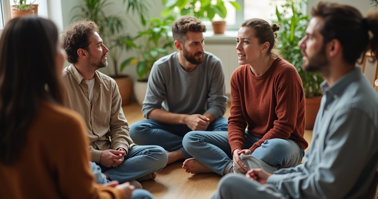 Grupo de pessoas adultas sentadas em círculo mostrando diferentes expressões emocionais 