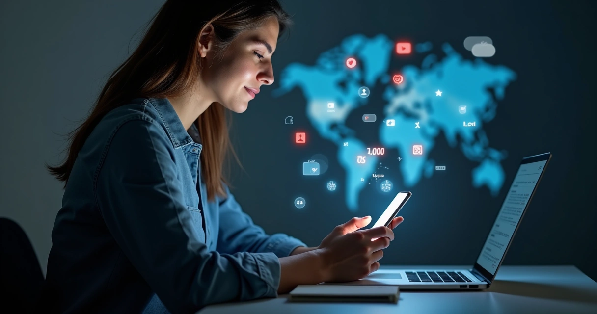 Pessoa olhando para tela de celular com redes sociais enquanto mantém expressão calma em ambiente escuro com luz suave 