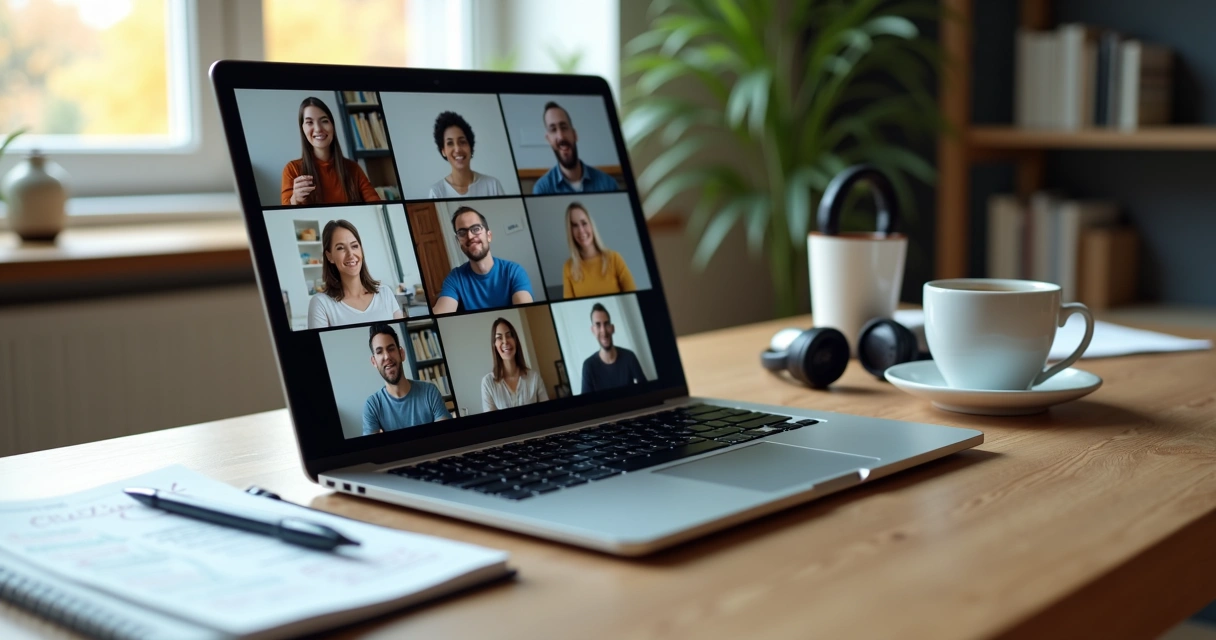 Equipe remota em videoconferência com foco em gestão emocional e conexão humana 