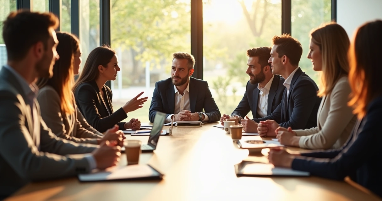 Equipe reunida ao redor de uma mesa, todos olhando atentos enquanto uma pessoa fala, expressões de atenção na sala, com luz natural entrando por uma janela. 