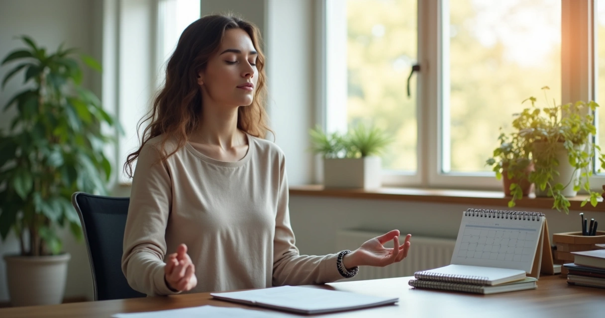 Pessoa meditando em escritório, ambiente calmo, calendário na mesa 