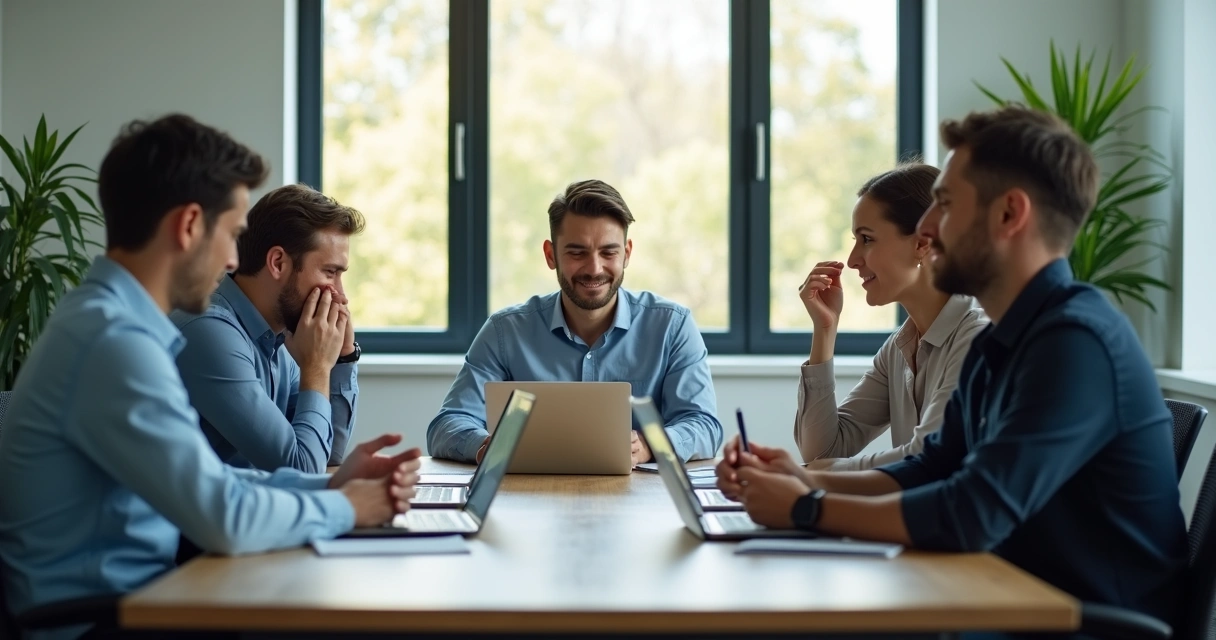 Pessoas em uma reunião de trabalho demonstrando diferentes emoções 