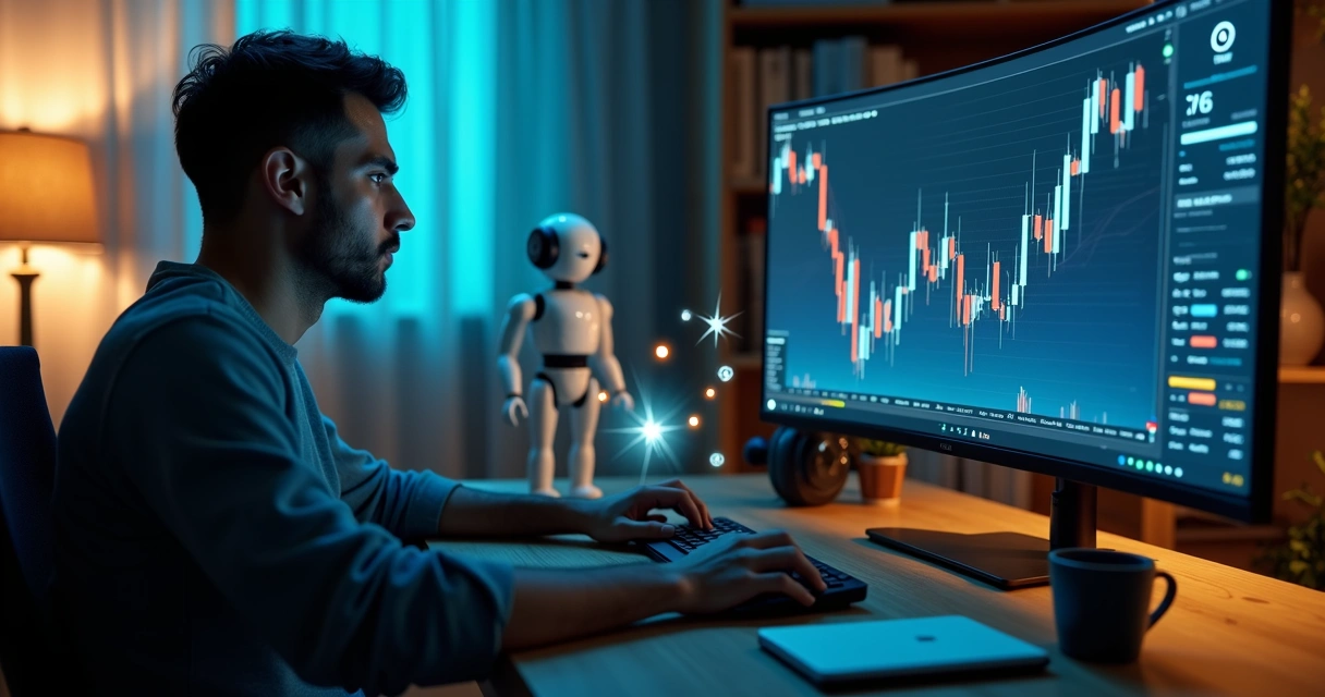 Trader analisando gráficos com robô de trading ao fundo em ambiente calmo 