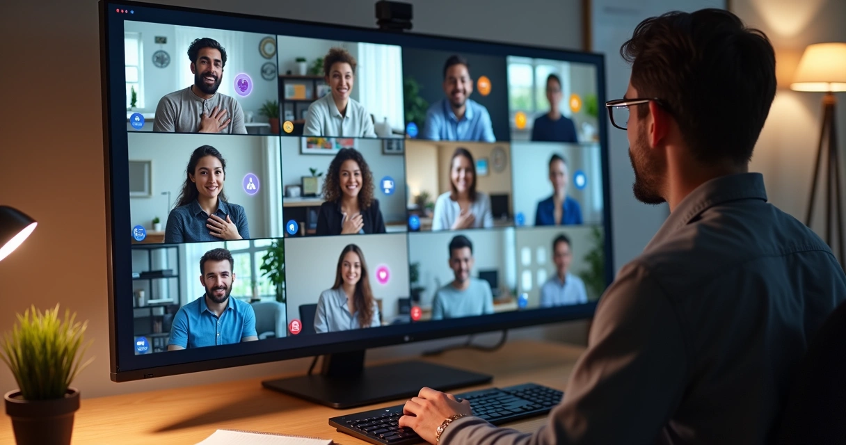 Grupo diverso em videoconferência conectado por ícones digitais representando emoções 