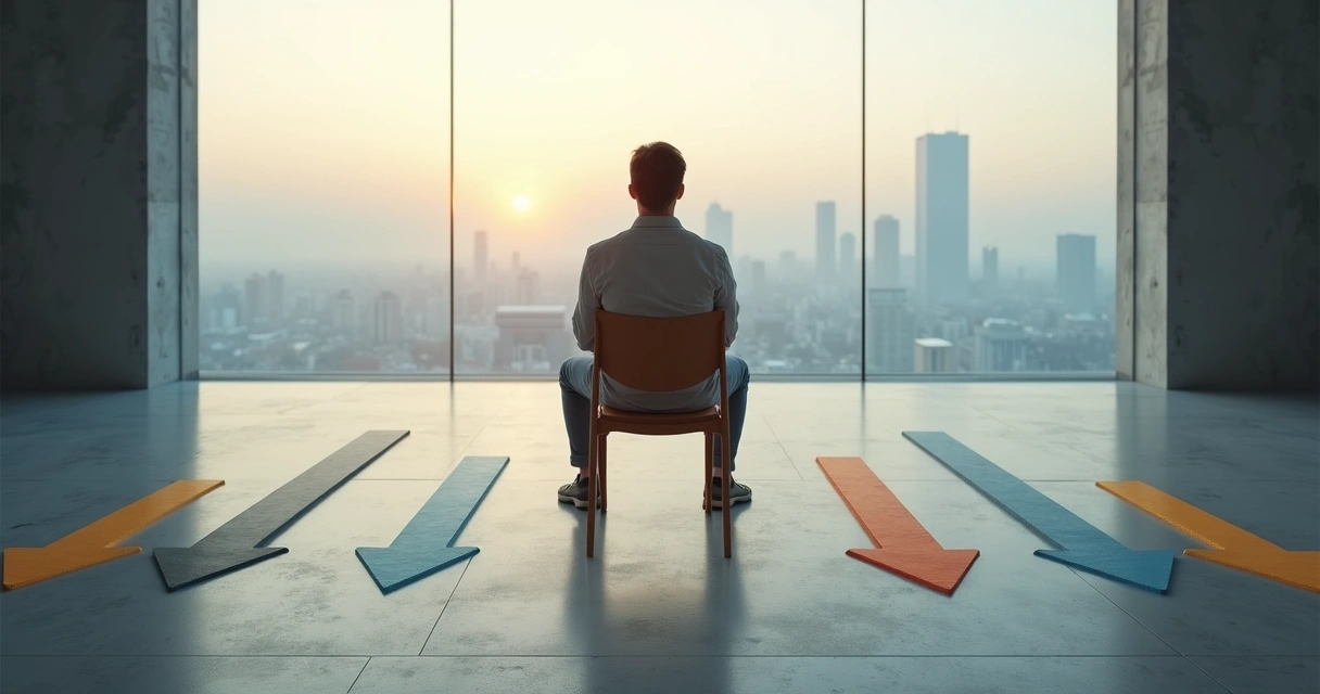 Pessoa refletindo sozinha diante de encruzilhada com várias setas de decisão 