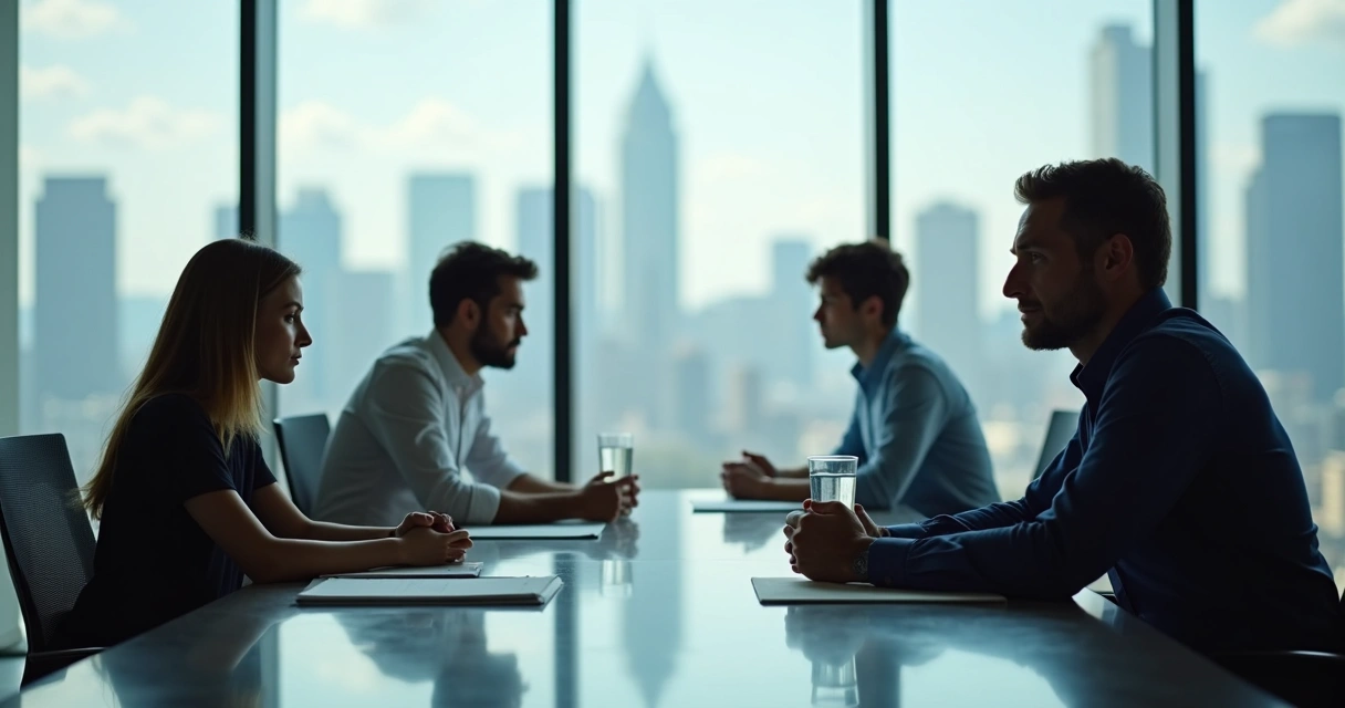 Grupo de profissionais em reunião, dois aparentam tensão e um segura um copo d'água 