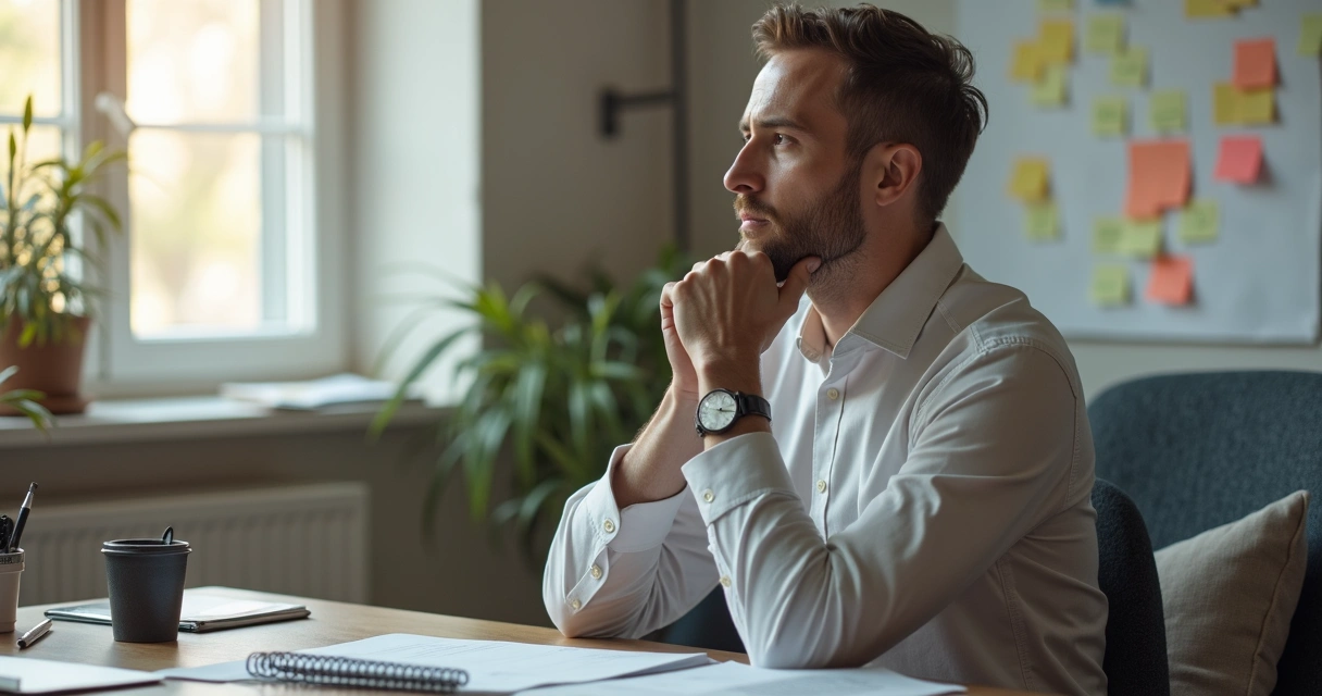 Gestão das emoções no trabalho, pessoa refletindo em ambiente de escritório com luz suave 