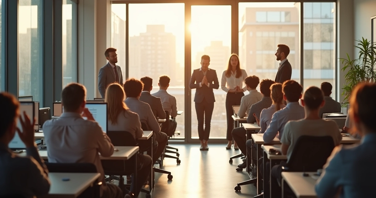 Grupos de pessoas trabalhando em escritórios modernos, algumas demonstrando estresse, outras dialogando com calma 