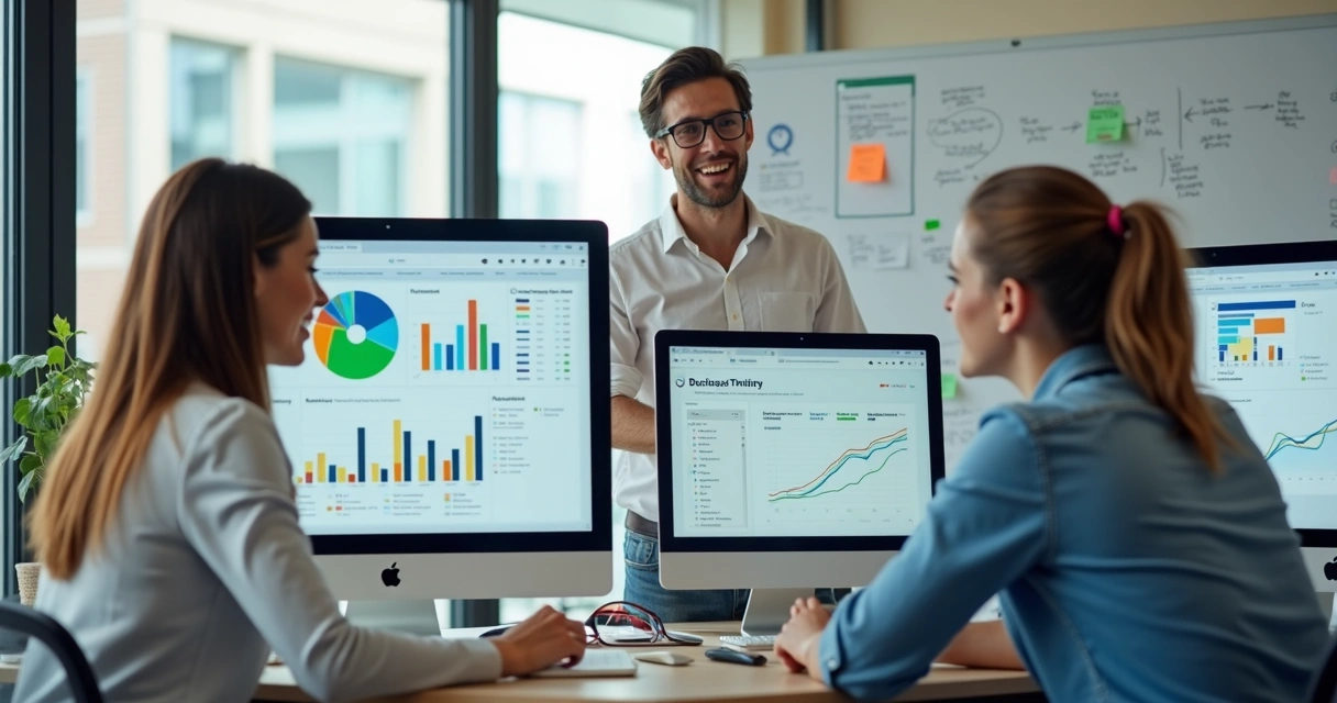 Três pessoas em uma sala usando computadores, com telas exibindo gráficos de dados empresariais