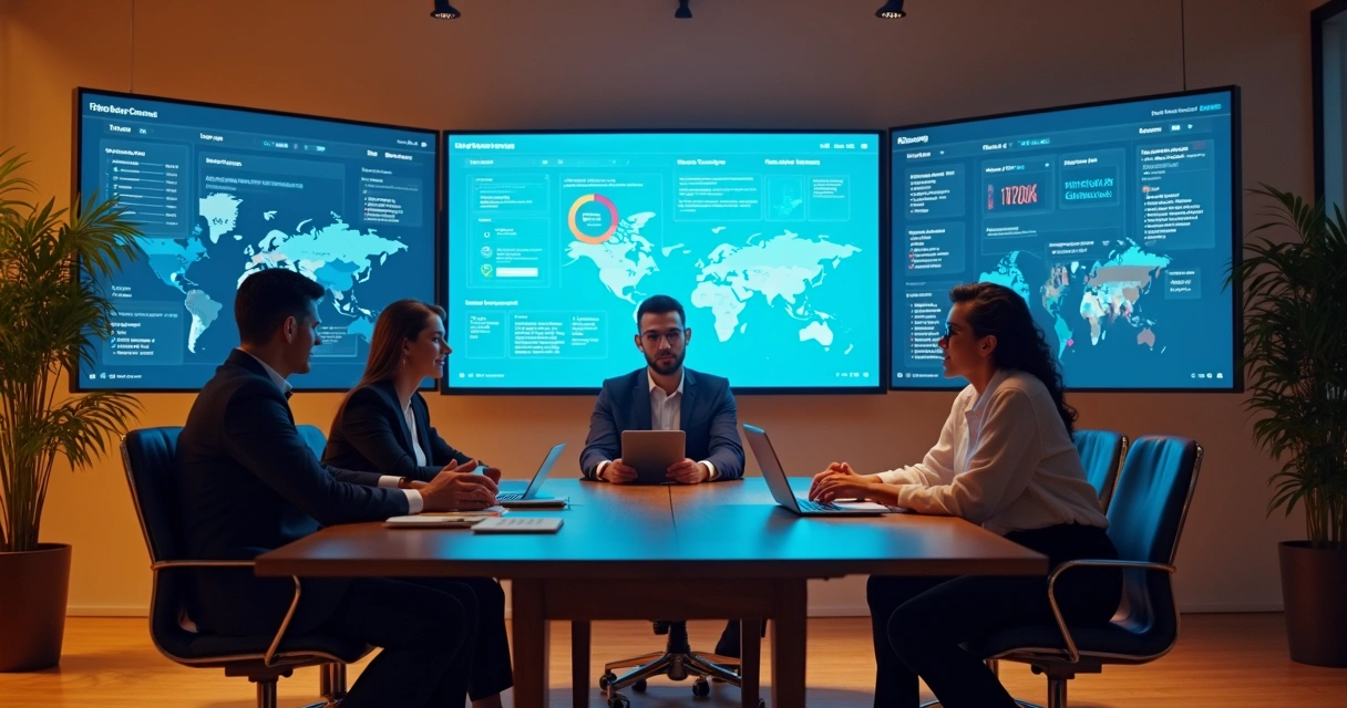 Equipe administrativa reunida em sala com telas integradas ao fundo 