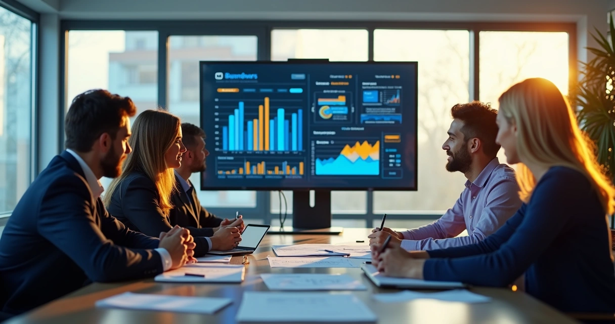 Equipe reunida em sala de reunião com gráficos e indicadores na tela 