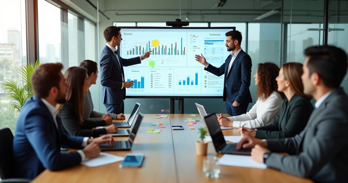 Equipe de gestão empresarial analisando indicadores e planejando estratégia 