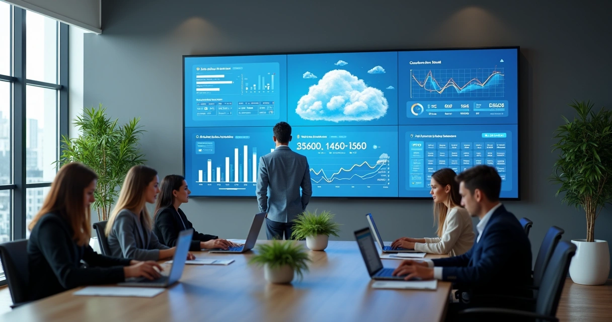 Gestão empresarial em notebook em tela na nuvem 