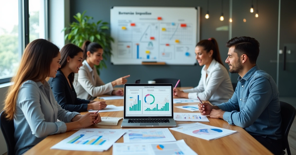 Equipe de PME em reunião estratégica analisando gráficos e indicadores em uma mesa de escritório 