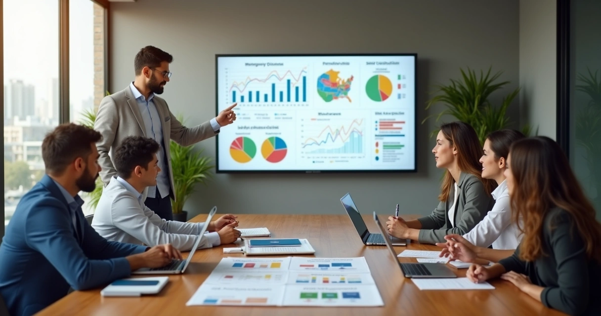 Reunião de gestor com equipe analisando indicadores e gráficos de gestão empresarial 