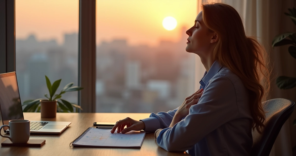 Profissional sentado à mesa respirando fundo e organizando a semana no caderno 