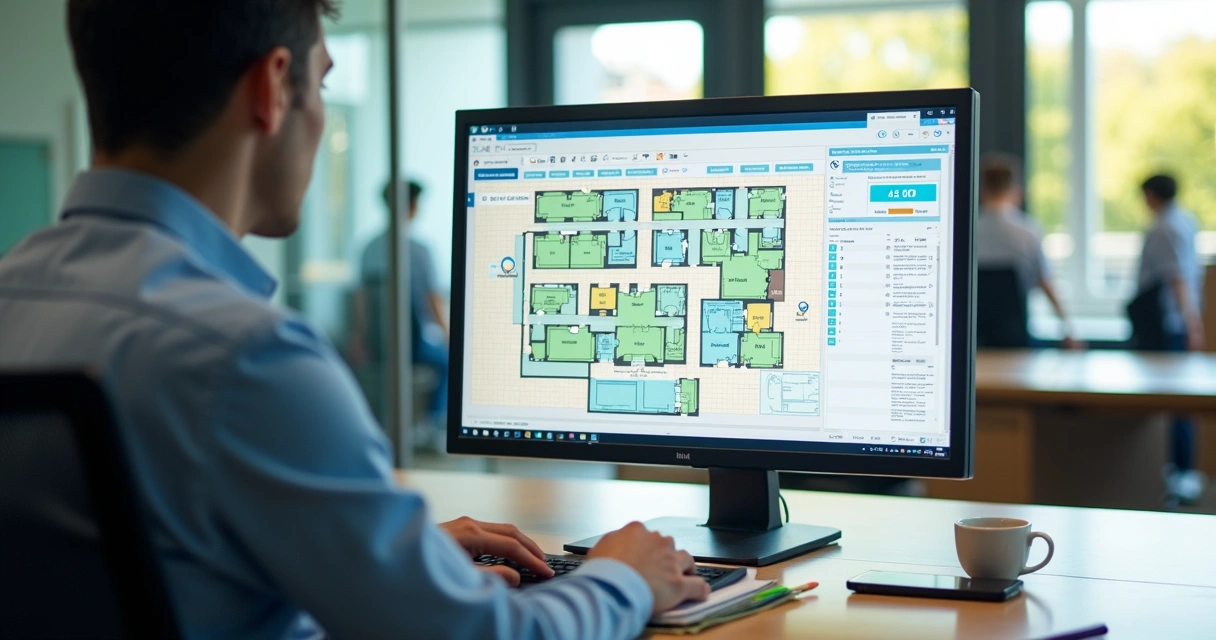 Gestor escolar usando sistema de ensalamento automatizado em computador com planta de salas 