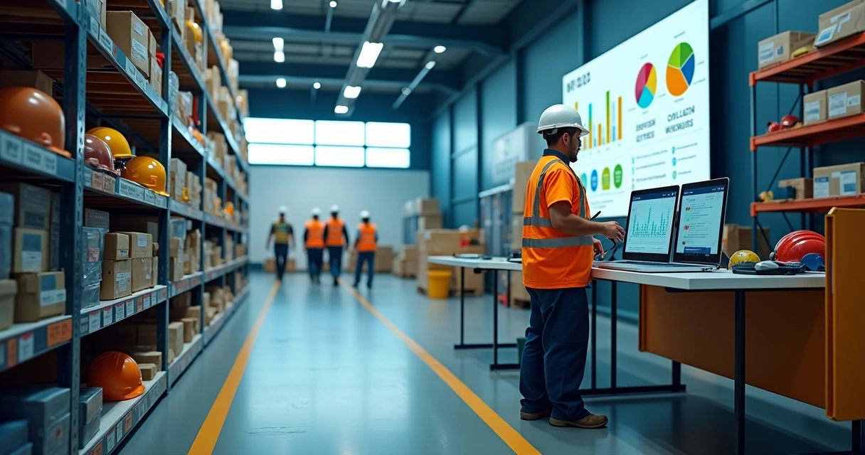 Técnico de segurança controlando EPIs em estoque digital em ambiente industrial 