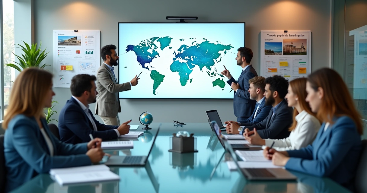 Reunião de equipe em agência de viagens analisando metas em painel digital 