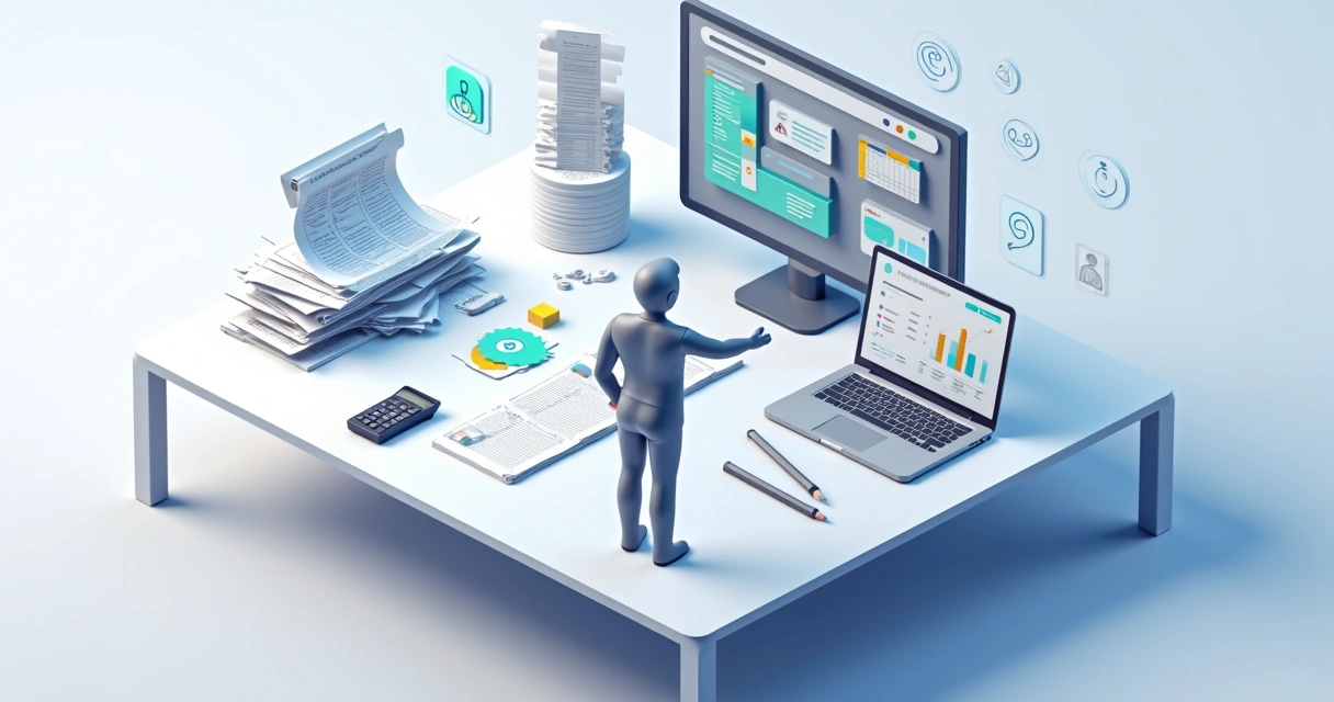 Gestor analisando painel digital de tarefas em vez de planilhas impressas 