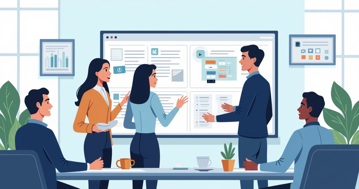 Equipe pequena gerenciando tarefas em quadro kanban em plataforma digital 